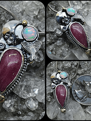 Ruby, opal and tanzanite Luna moth pendant