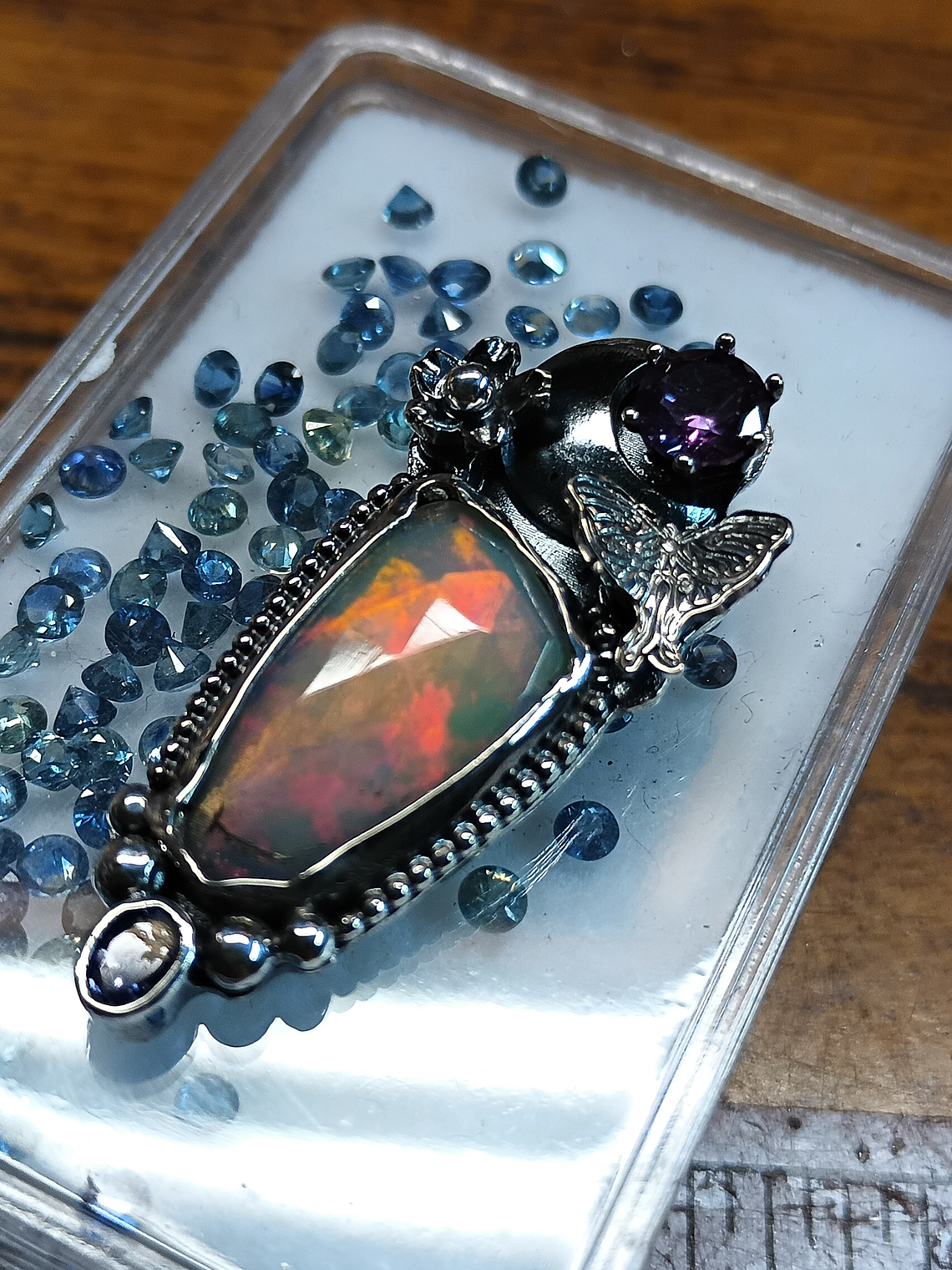 Luna Moth pendant with Opal, Alexandrite and Tanzanite - Sterling 7