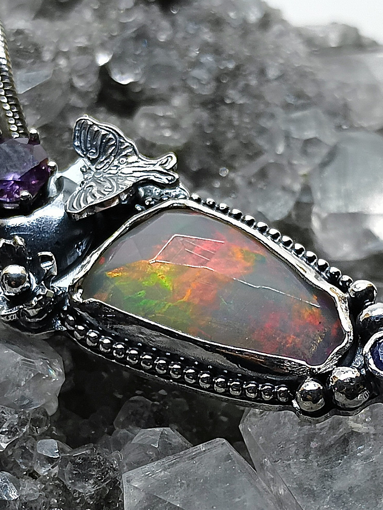 Luna Moth pendant with Opal, Alexandrite and Tanzanite - Sterling 8