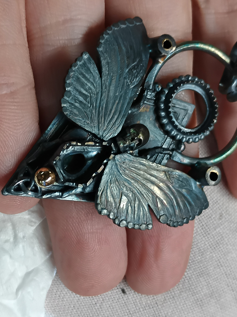 Fabulous, engraved death-heads Hawk moth, moonstone, garnet and opal - Sterling 7