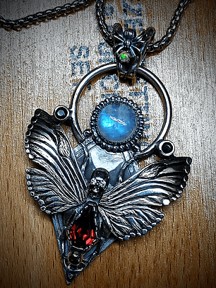 Fabulous, engraved death-heads Hawk moth, moonstone, garnet and opal - Sterling