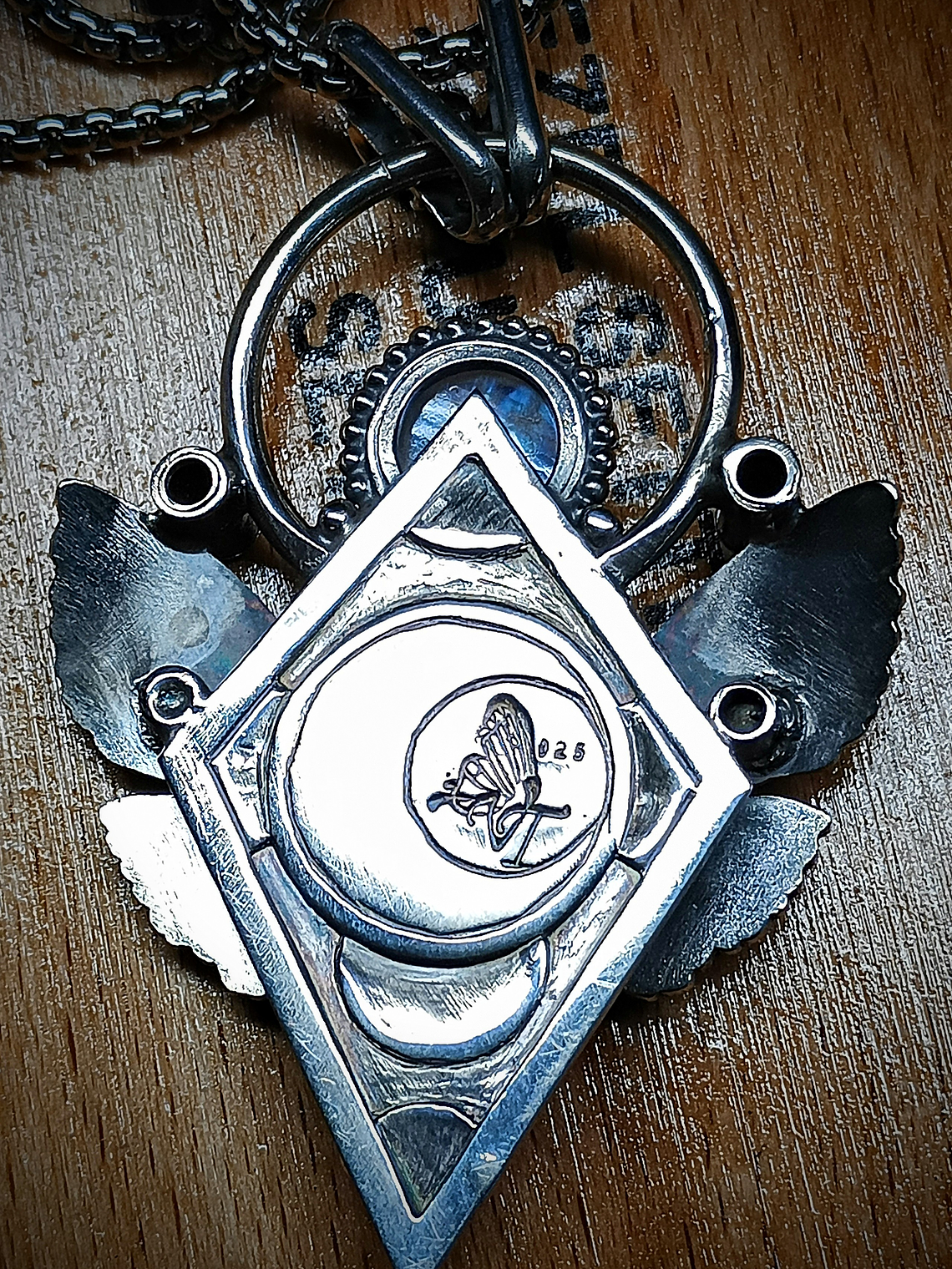 Fabulous, engraved death-heads Hawk moth, moonstone, garnet and opal - Sterling 4