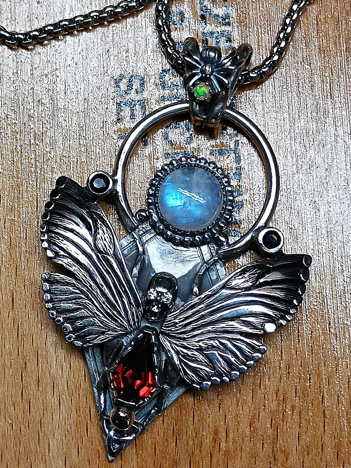 Fabulous, engraved death-heads Hawk moth, moonstone, garnet and opal - Sterling 5