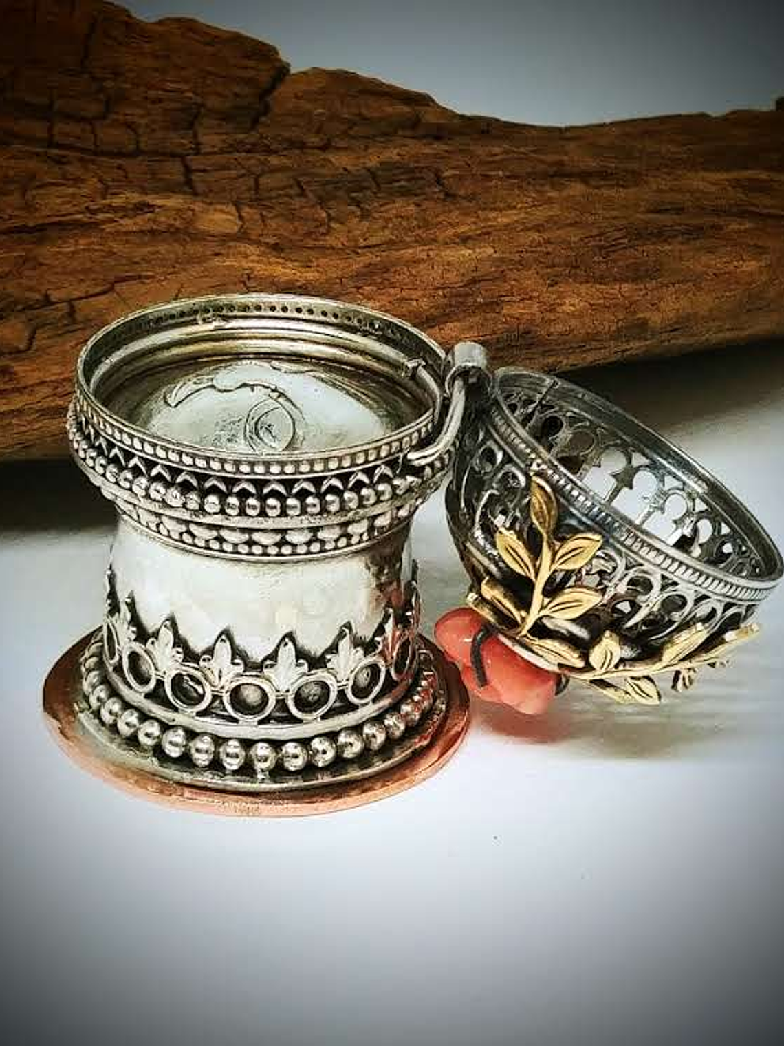 Hinged top w/carved moon - Cremation urn - Sterling,brass & copper 2