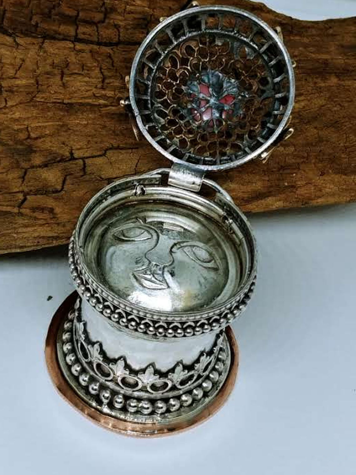 Hinged top w/carved moon - Cremation urn - Sterling,brass & copper 6