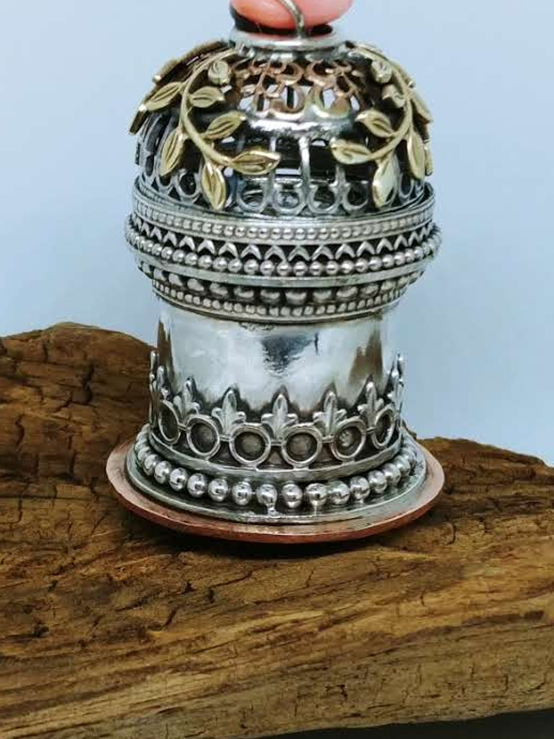 Hinged top w/carved moon - Cremation urn - Sterling,brass & copper 1