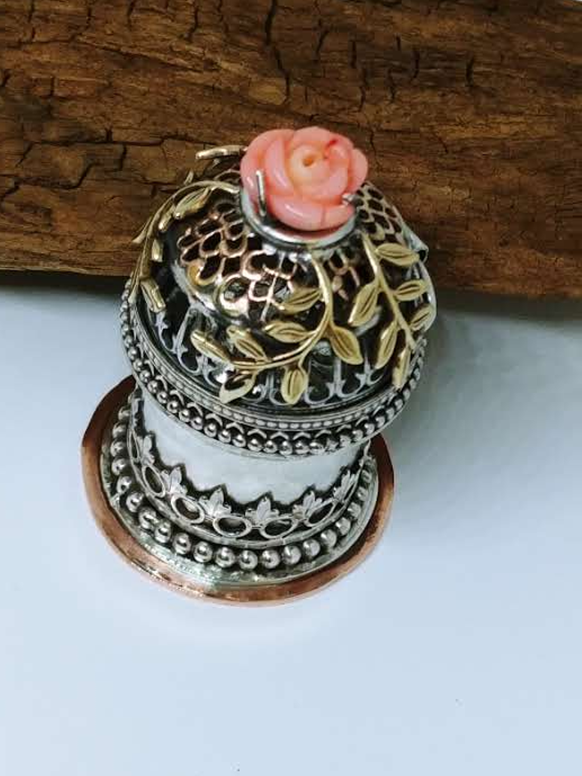 Hinged top w/carved moon - Cremation urn - Sterling,brass & copper 7