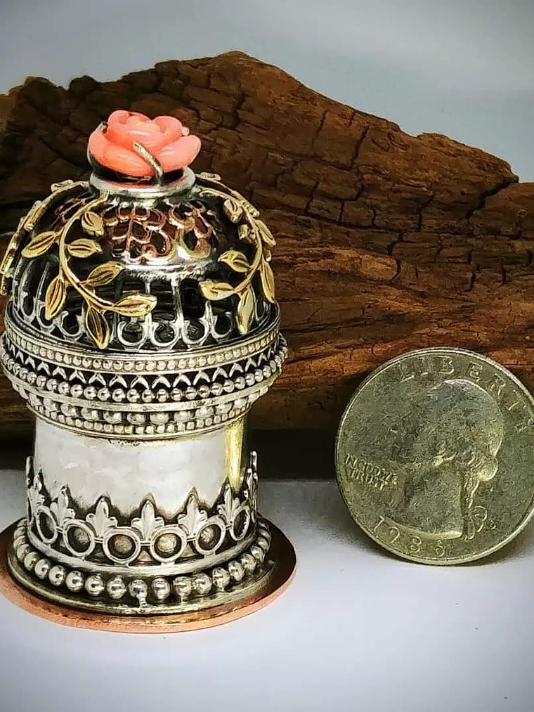 Hinged top w/carved moon - Cremation urn - Sterling,brass & copper 8