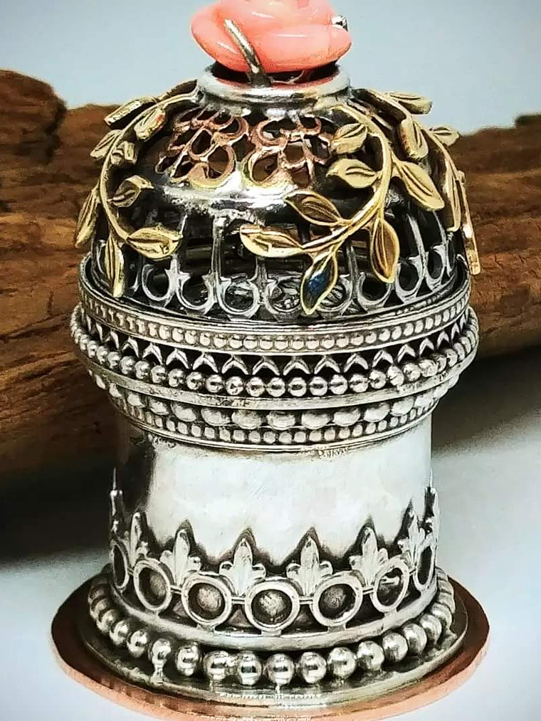 Hinged top w/carved moon - Cremation urn - Sterling,brass & copper 9