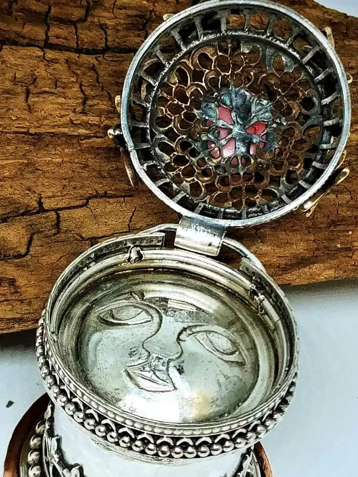 Hinged top w/carved moon - Cremation urn - Sterling,brass & copper 3