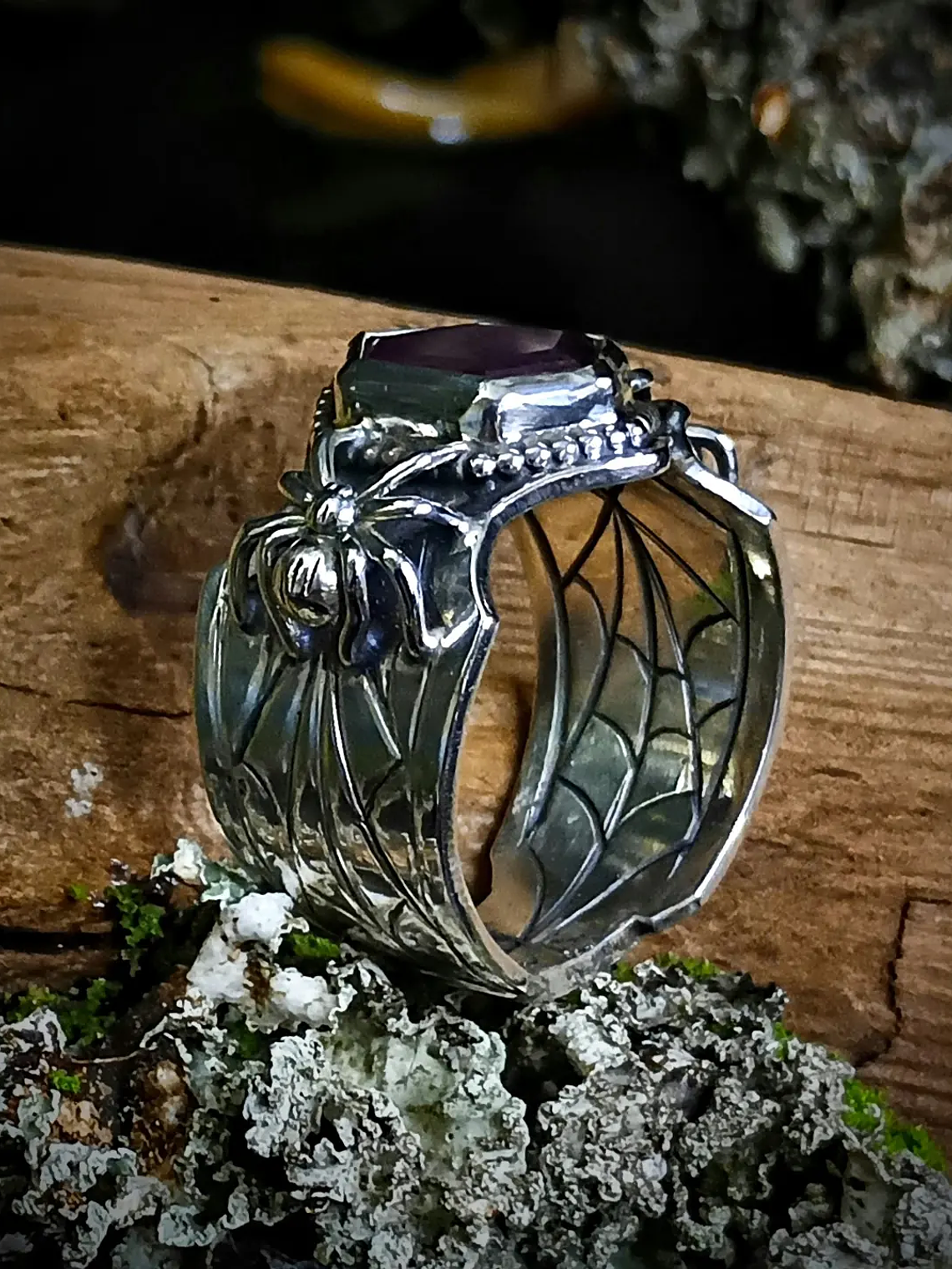 MTO - Hand engraved Ruby slice, engraved spiderweb ring - Sterling 7