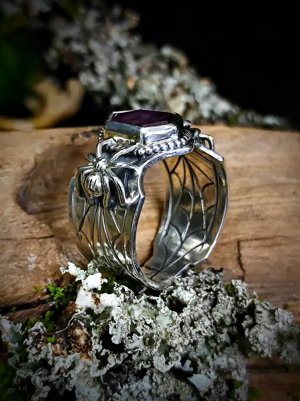 MTO - Hand engraved Ruby slice, engraved spiderweb ring - Sterling 8