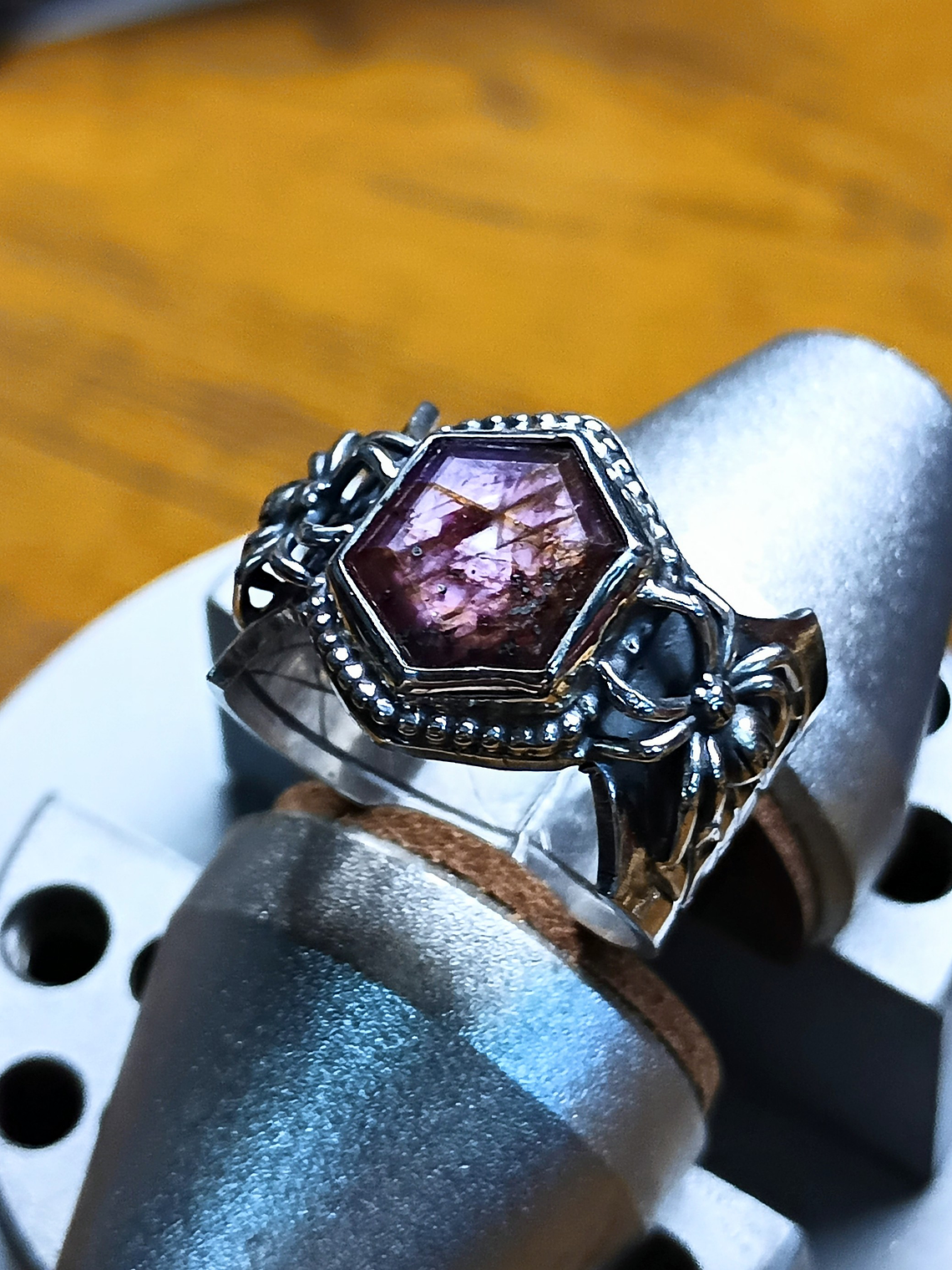 MTO - Hand engraved Ruby slice, engraved spiderweb ring - Sterling 3
