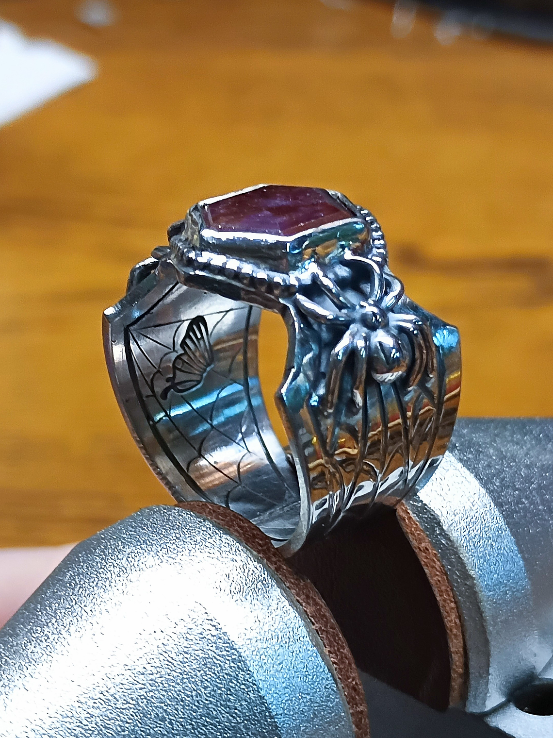 MTO - Hand engraved Ruby slice, engraved spiderweb ring - Sterling 4