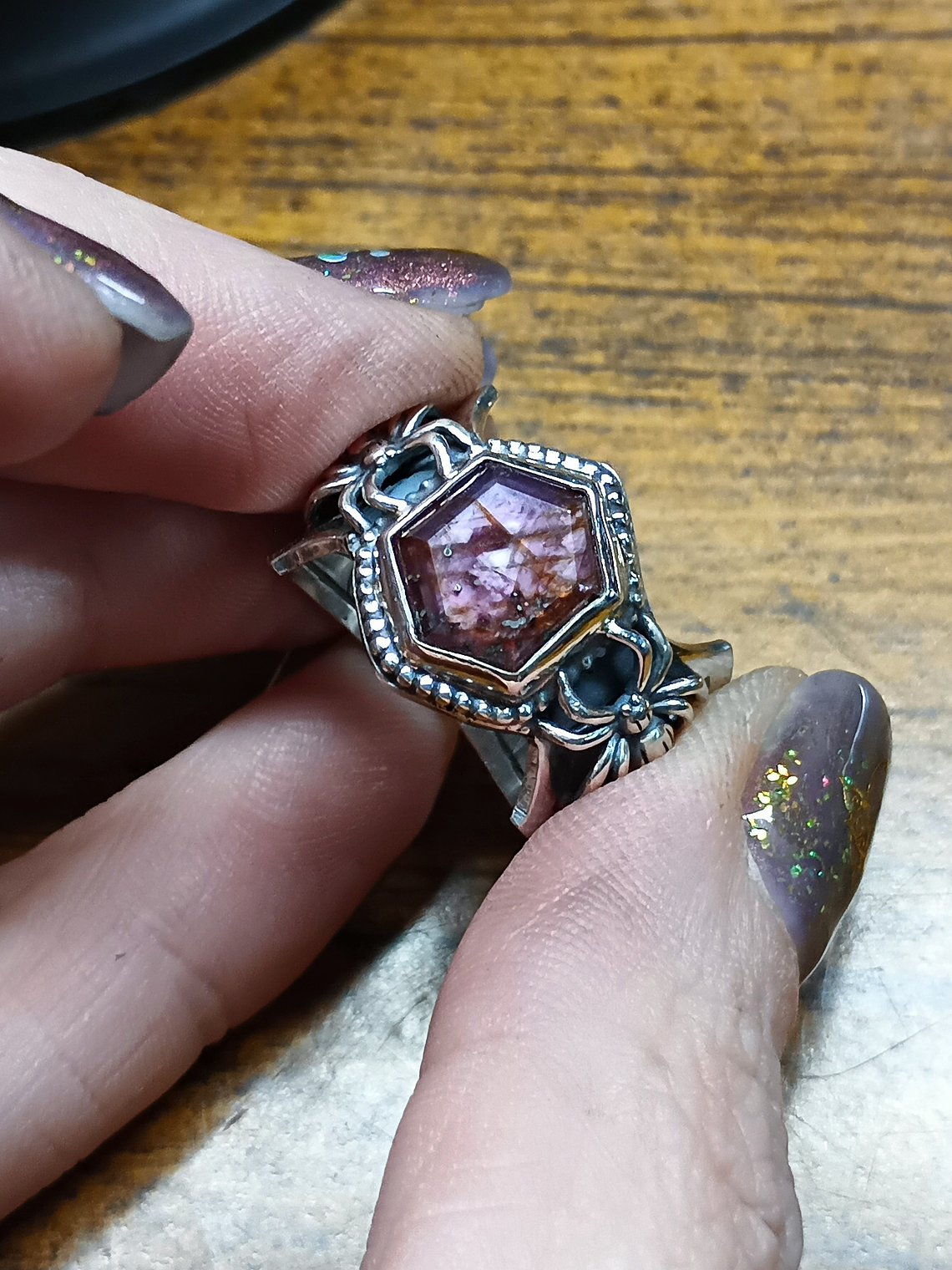 MTO - Hand engraved Ruby slice, engraved spiderweb ring - Sterling 5