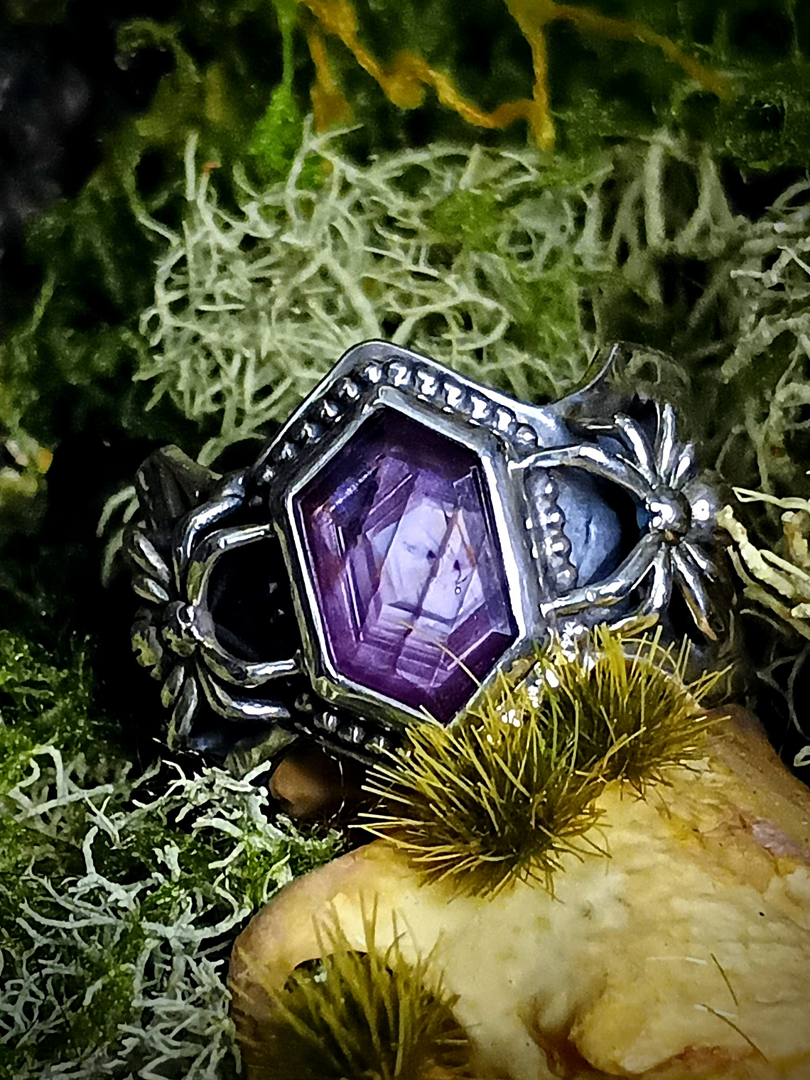 MTO - Hand engraved Ruby slice, engraved spiderweb ring - Sterling 1