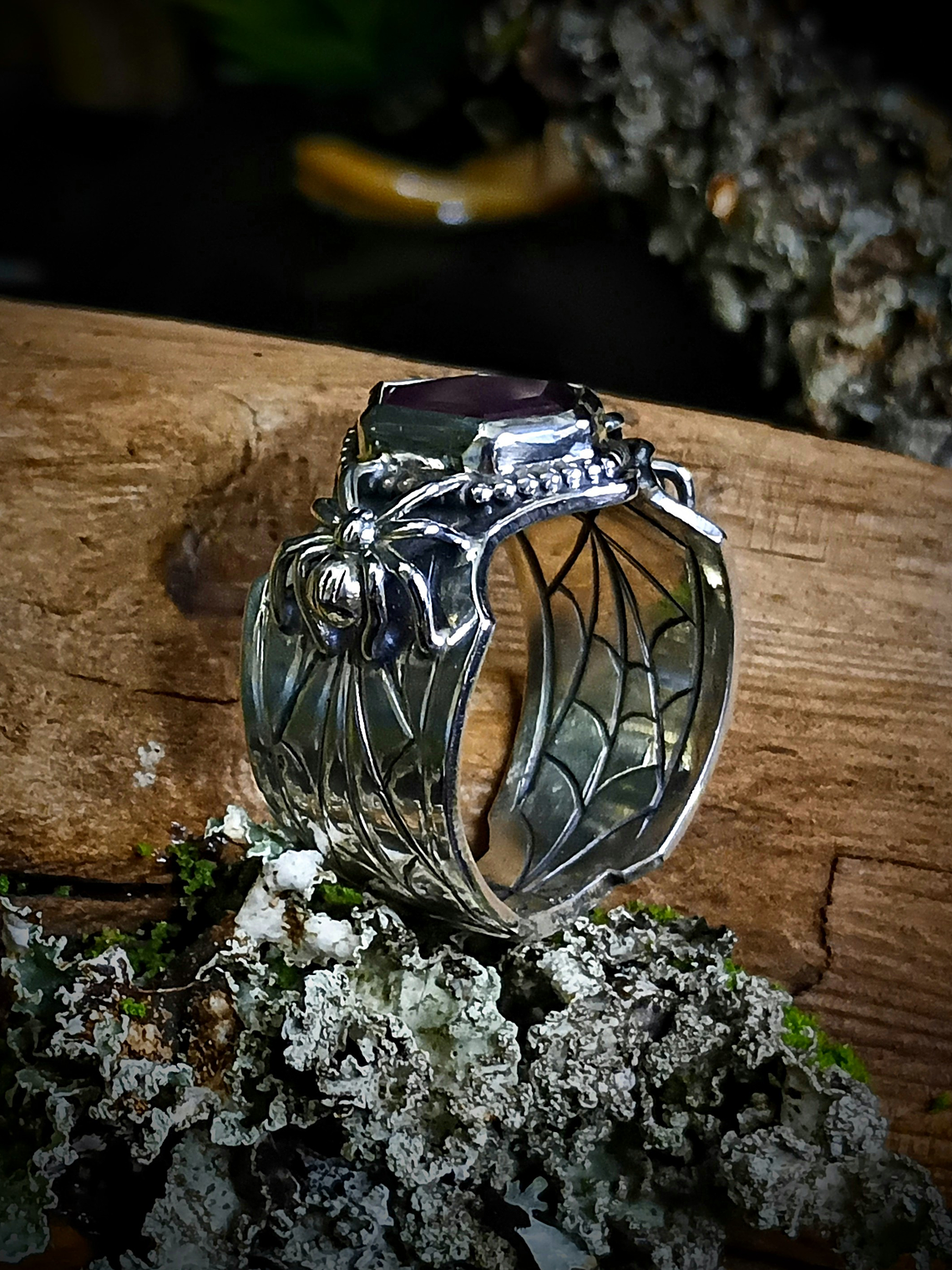 MTO - Hand engraved Ruby slice, engraved spiderweb ring - Sterling 12