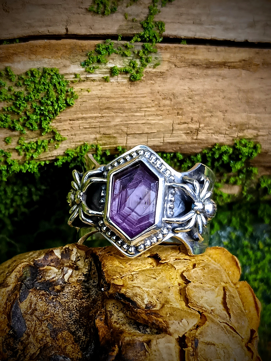 MTO - Hand engraved Ruby slice, engraved spiderweb ring - Sterling 15