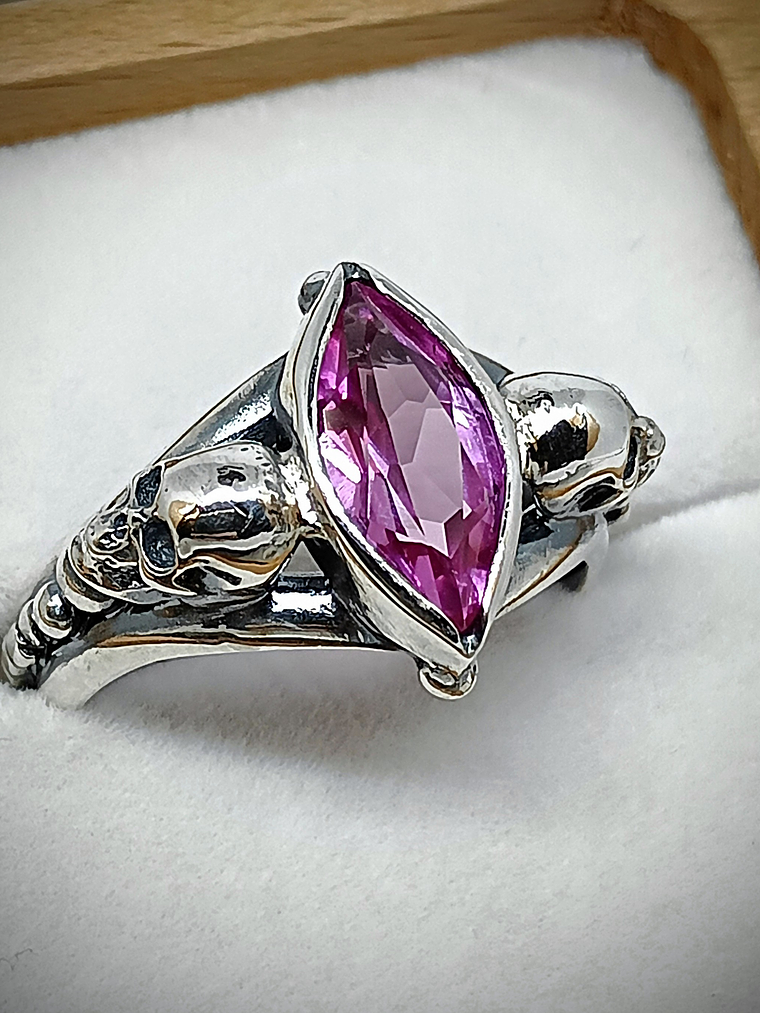 Sz 7.5 - Gothic Skulls, Pink Sapphire ring - Sterling 1