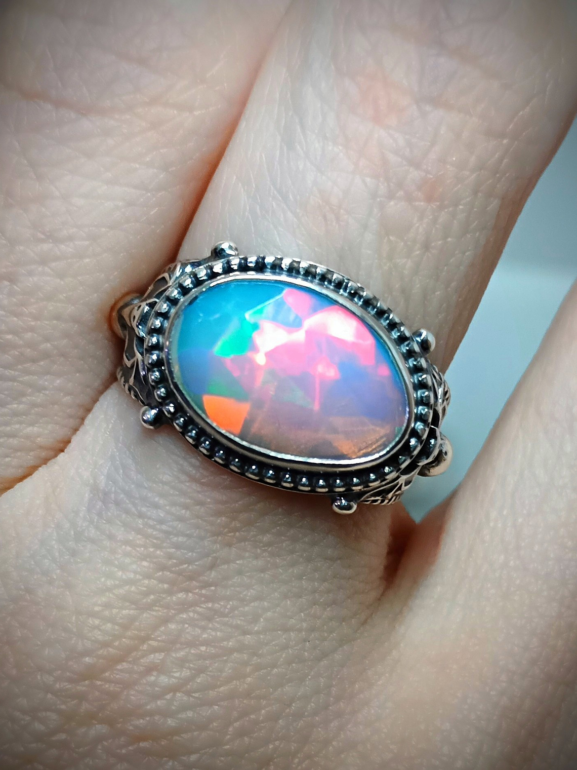 Gothic Opal and bat ring sz 8, Sterling 6
