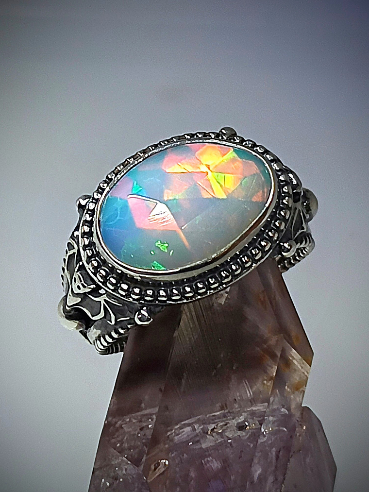 Gothic Opal and bat ring sz 8, Sterling 2