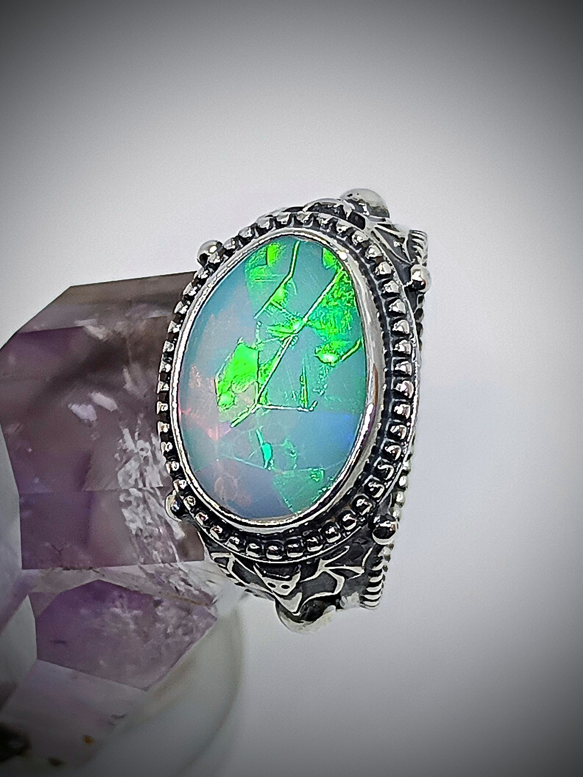 Gothic Opal and bat ring sz 8, Sterling 3