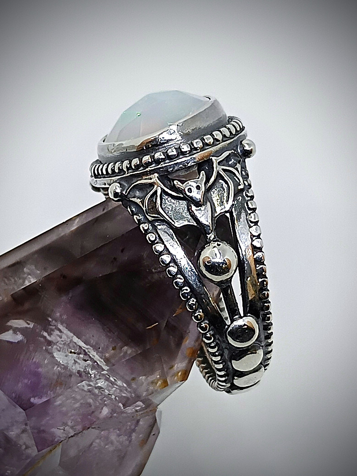 Gothic Opal and bat ring sz 8, Sterling 4