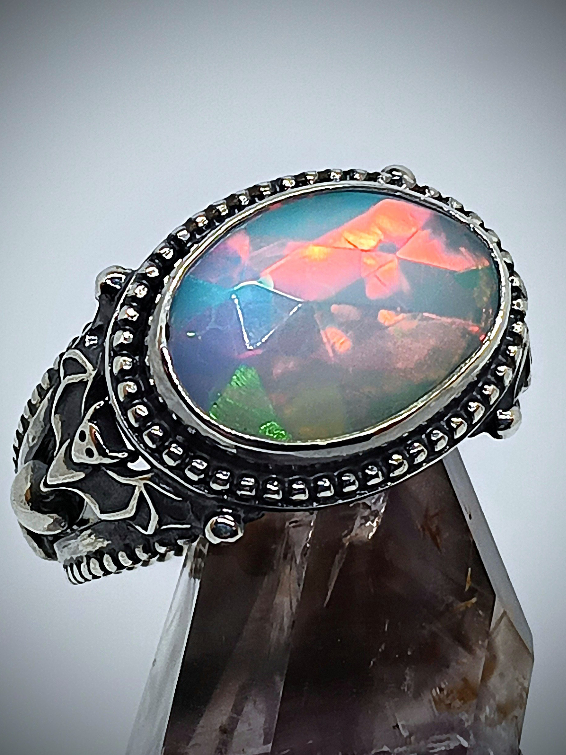 Gothic Opal and bat ring sz 8, Sterling 7