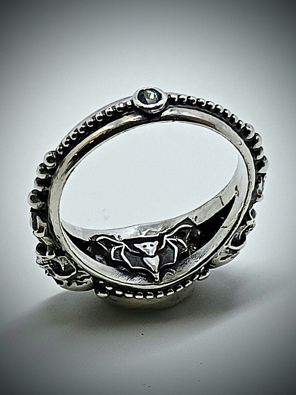 Gothic skulls and Madagascar rainbow moonstone ring - sz 7.25 - Sterling - 3