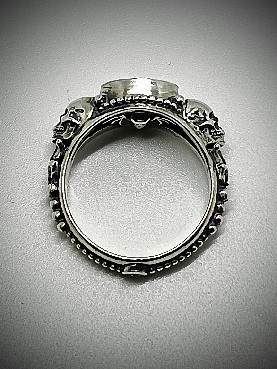 Gothic skulls and Madagascar rainbow moonstone ring - sz 7.25 - Sterling - 4