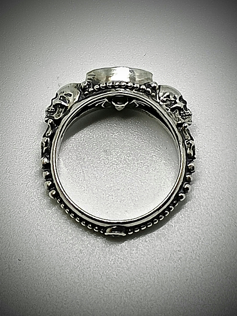 Gothic skulls and Madagascar rainbow moonstone ring - sz 7.25 - Sterling - 4