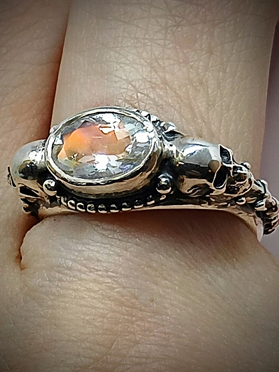 Gothic skulls and Madagascar rainbow moonstone ring - sz 7.25 - Sterling - 6