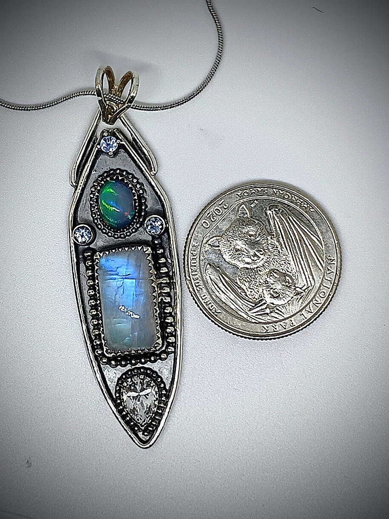 RTS - Moonstone and Opal, unisex talisman pendant - Sterling - Ooak 4
