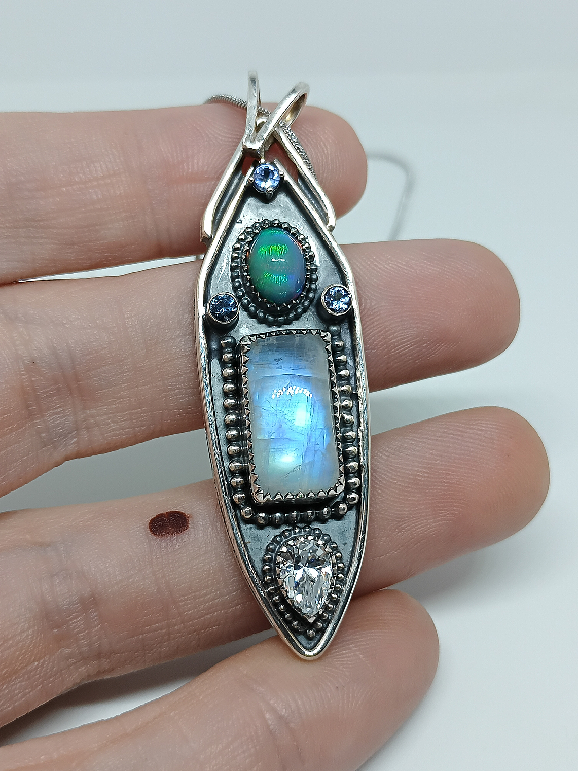 RTS - Moonstone and Opal, unisex talisman pendant - Sterling - Ooak 5