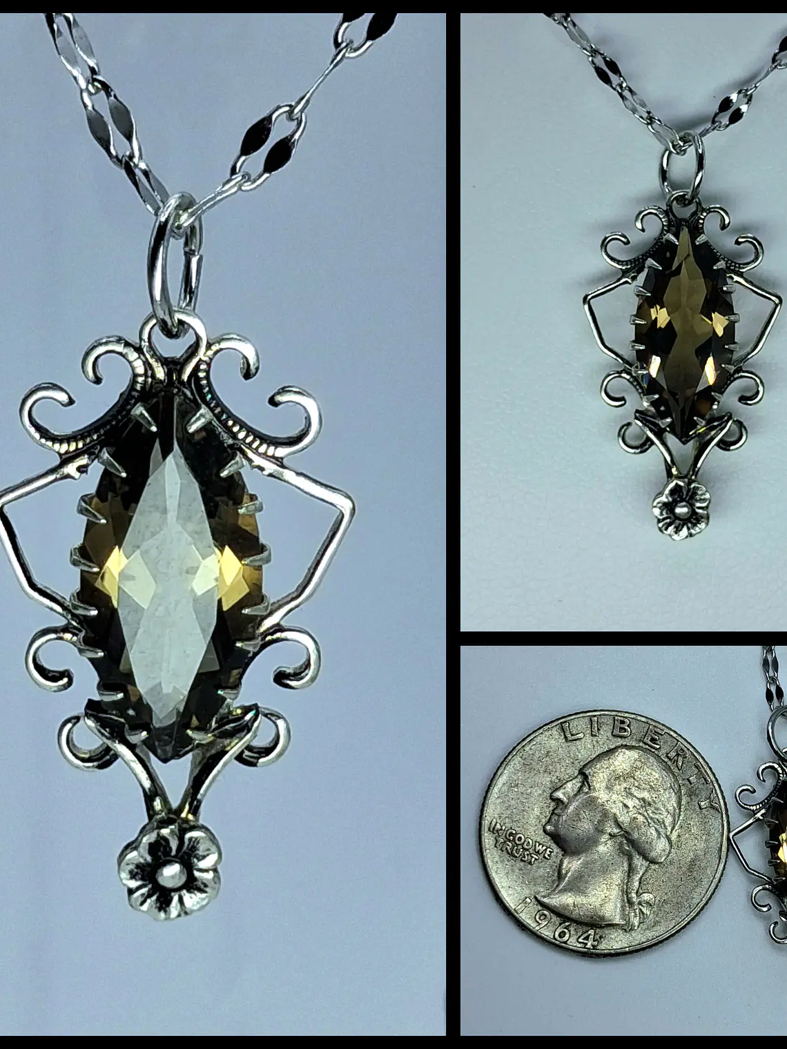 Silver plated, Victorian style Smoky quartz pendant #BN002 1