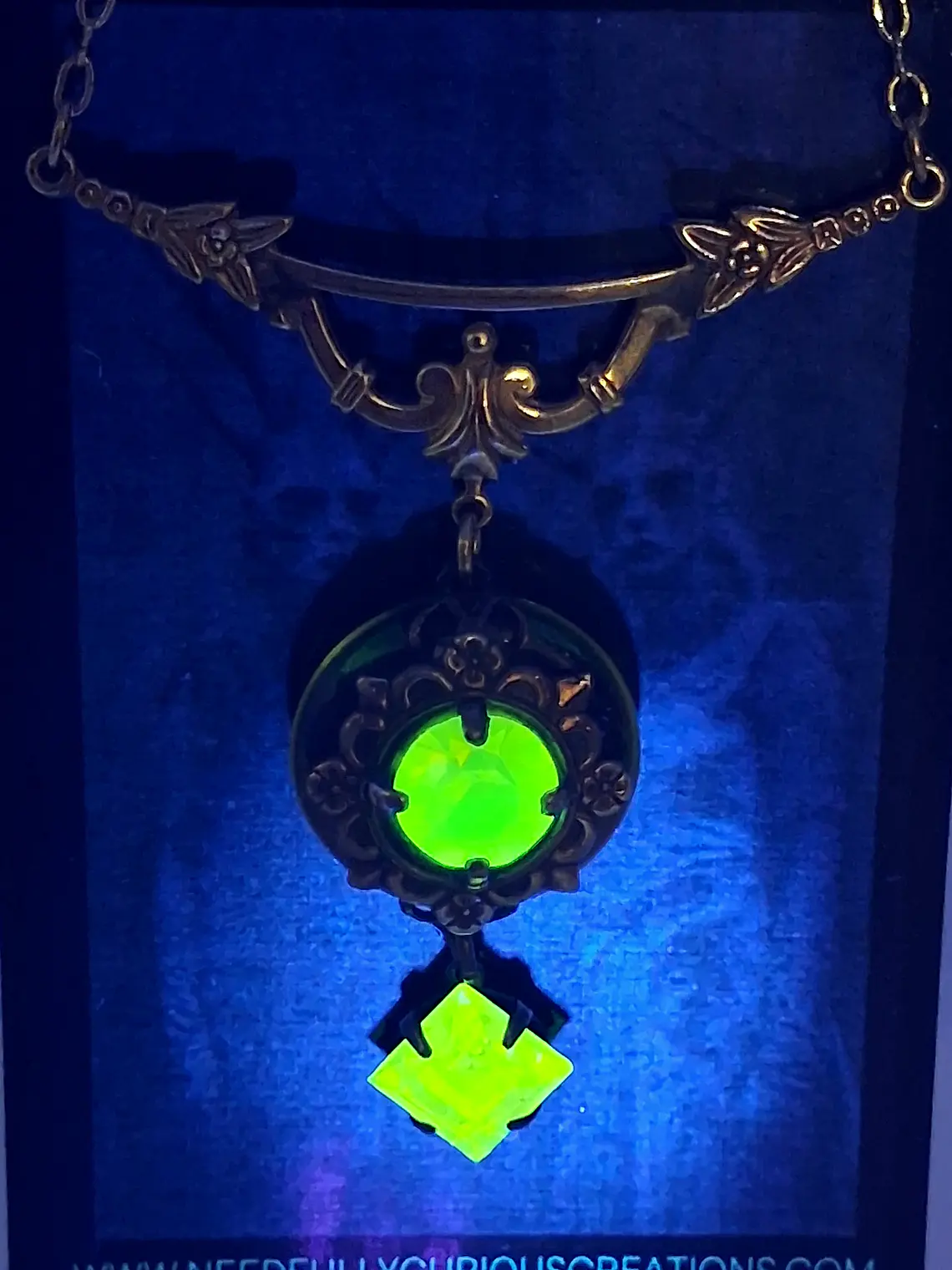 Victorian style, gold-plated Uranium glass Necklace #BN005 6