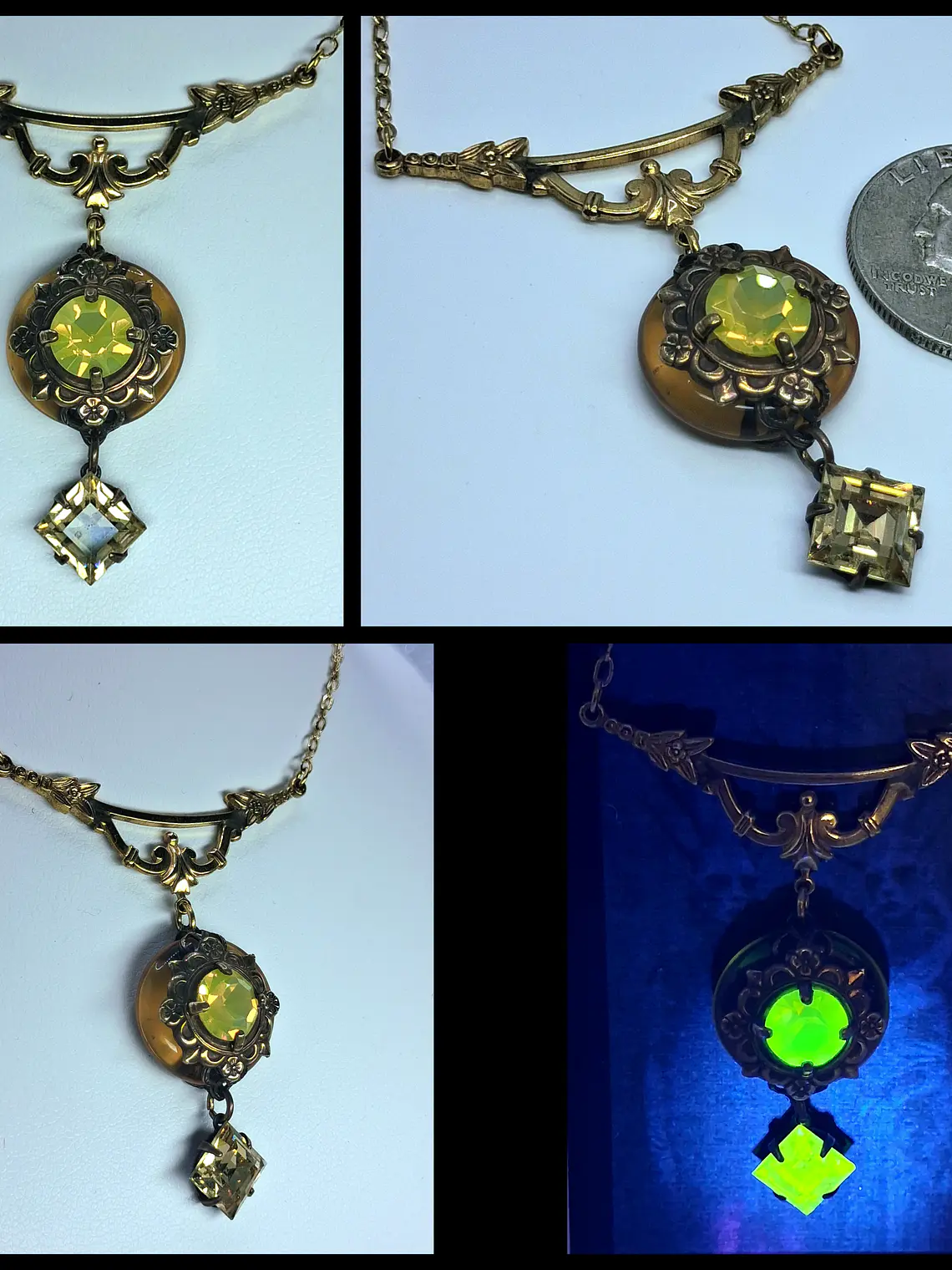 Victorian style, gold-plated Uranium glass Necklace #BN005 1