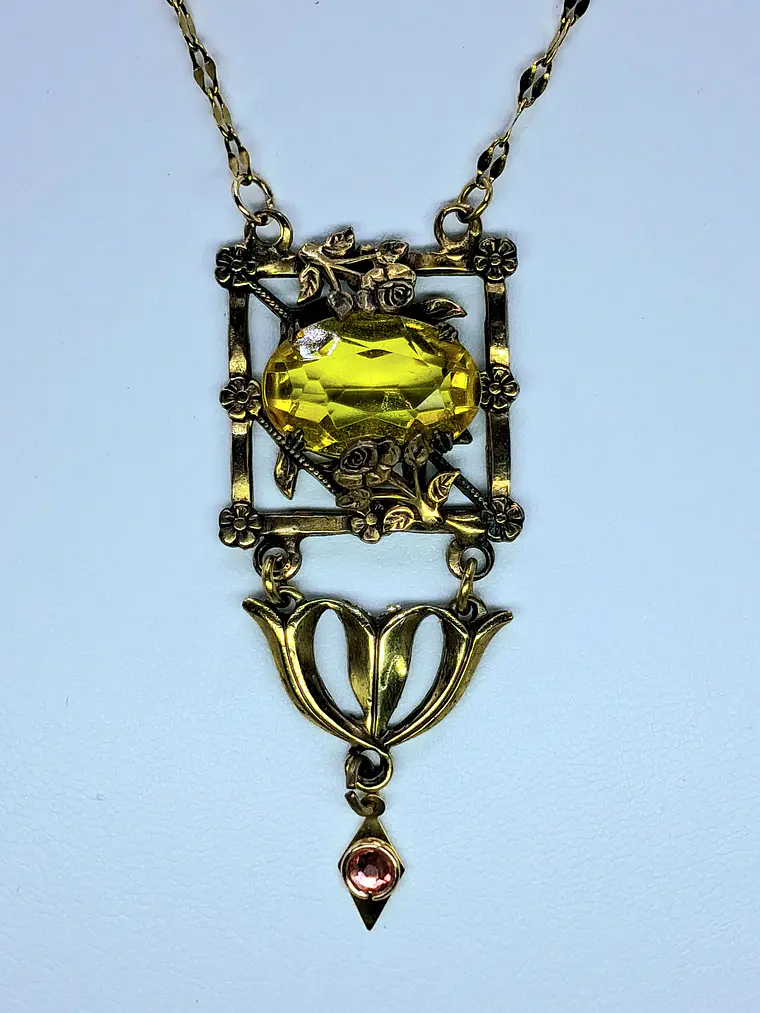 Gold-plated, Victorian/Art Deco inspired Uranium glass necklace #Bn010 2