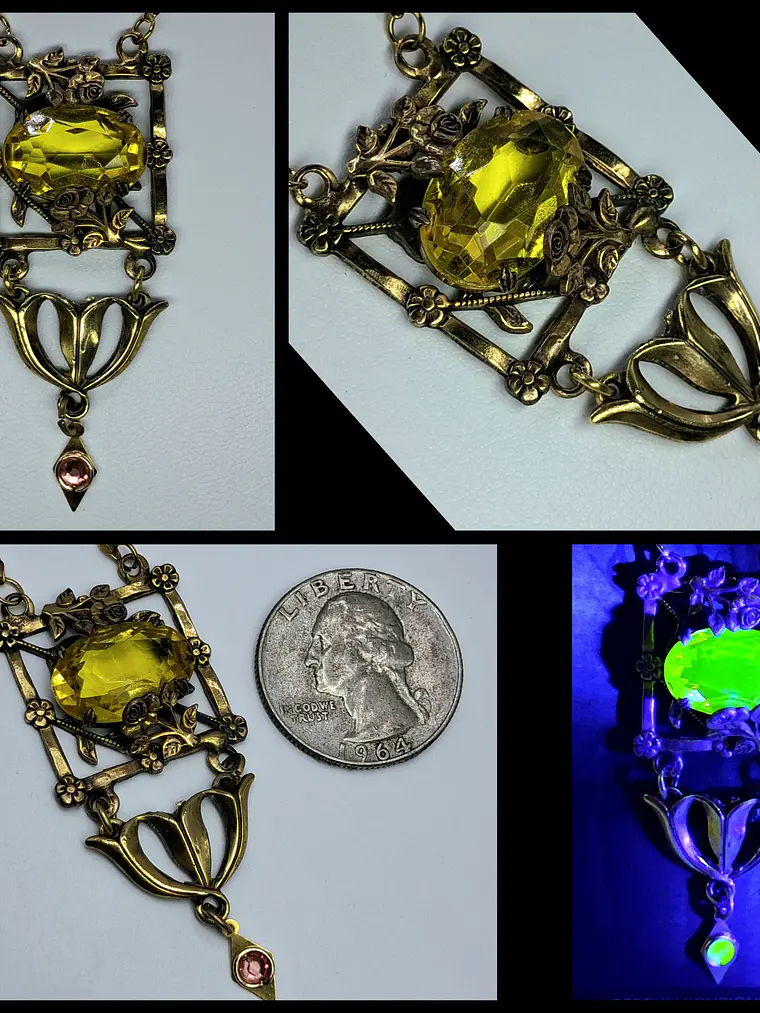 Gold-plated, Victorian/Art Deco inspired Uranium glass necklace #Bn010 1