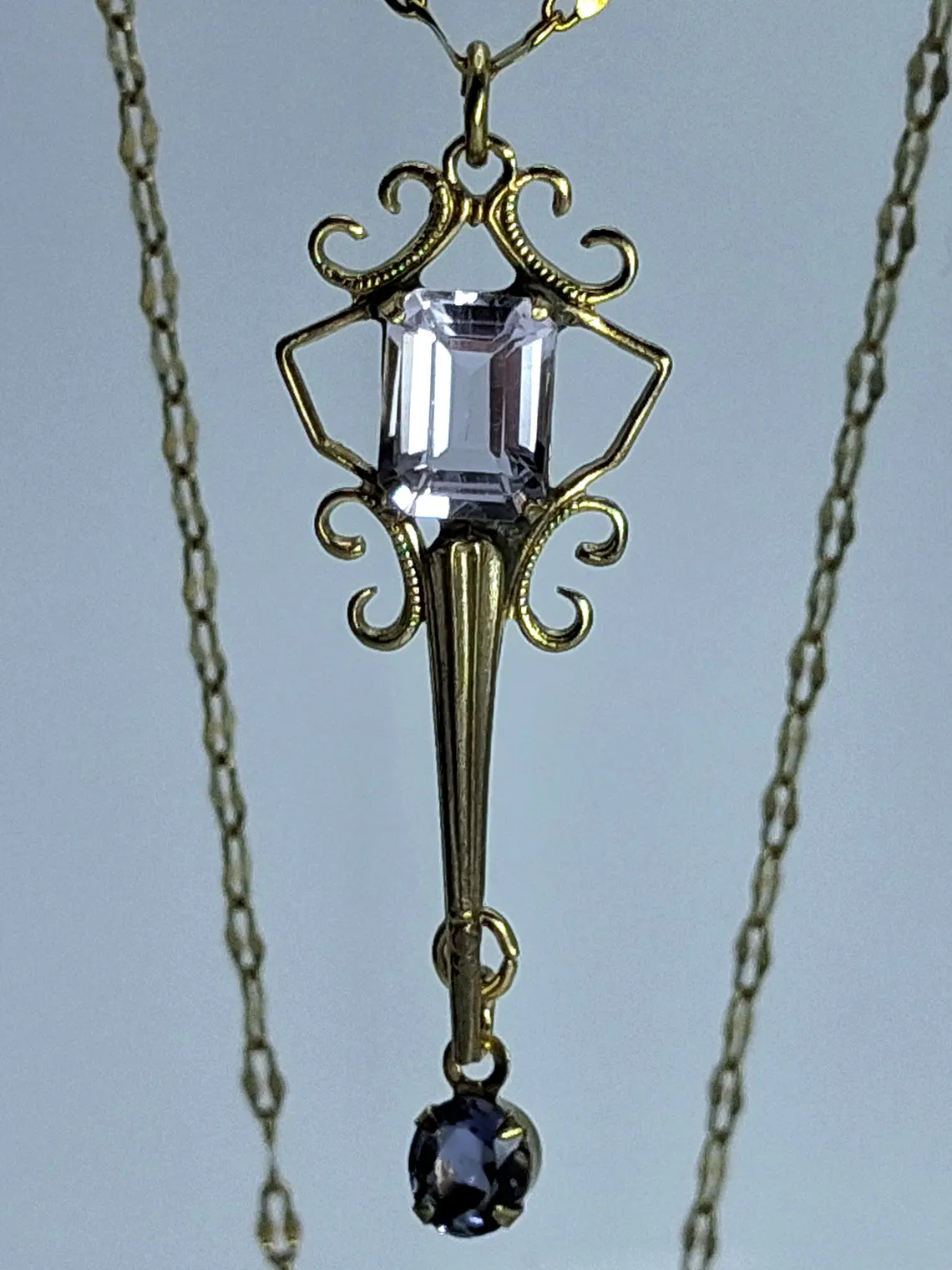 Art Deco style, Lavender Amethyst and blue Iolite, gold-plated pendant  #Bp015 2