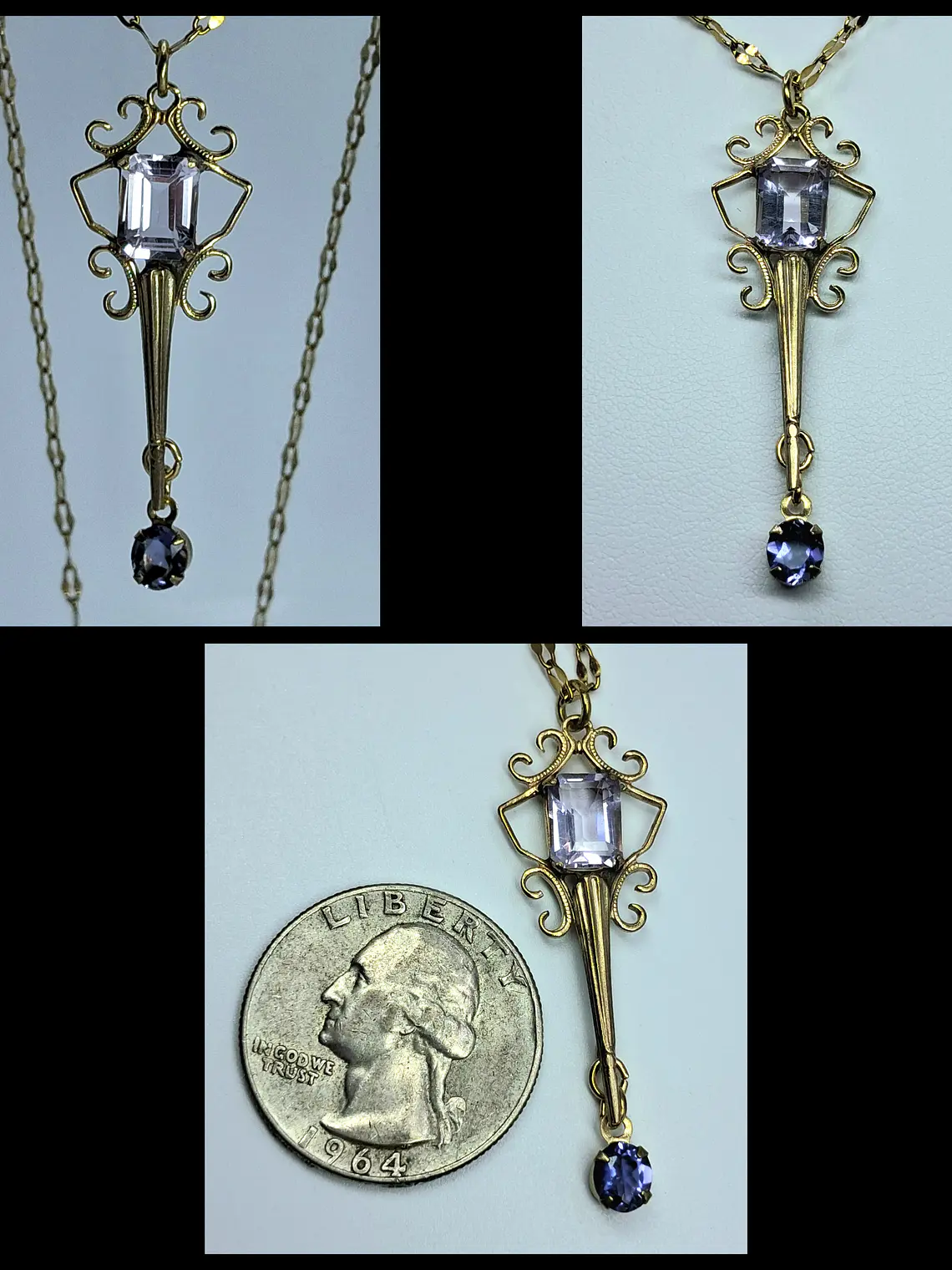 Art Deco style, Lavender Amethyst and blue Iolite, gold-plated pendant  #Bp015 1