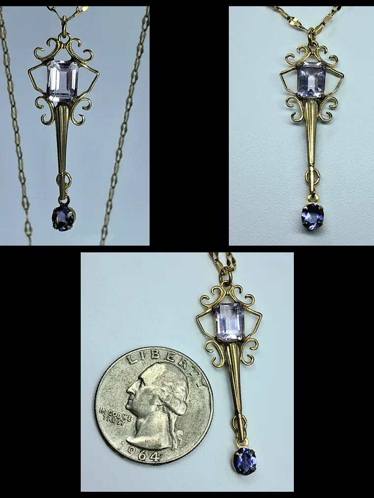 Art Deco style, Lavender Amethyst and blue Iolite, gold-plated pendant  #Bp015 1