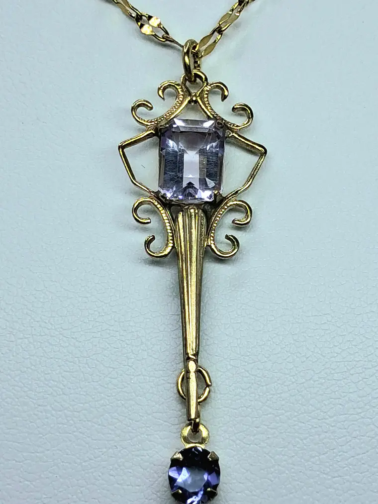 Art Deco style, Lavender Amethyst and blue Iolite, gold-plated pendant  #Bp015 3