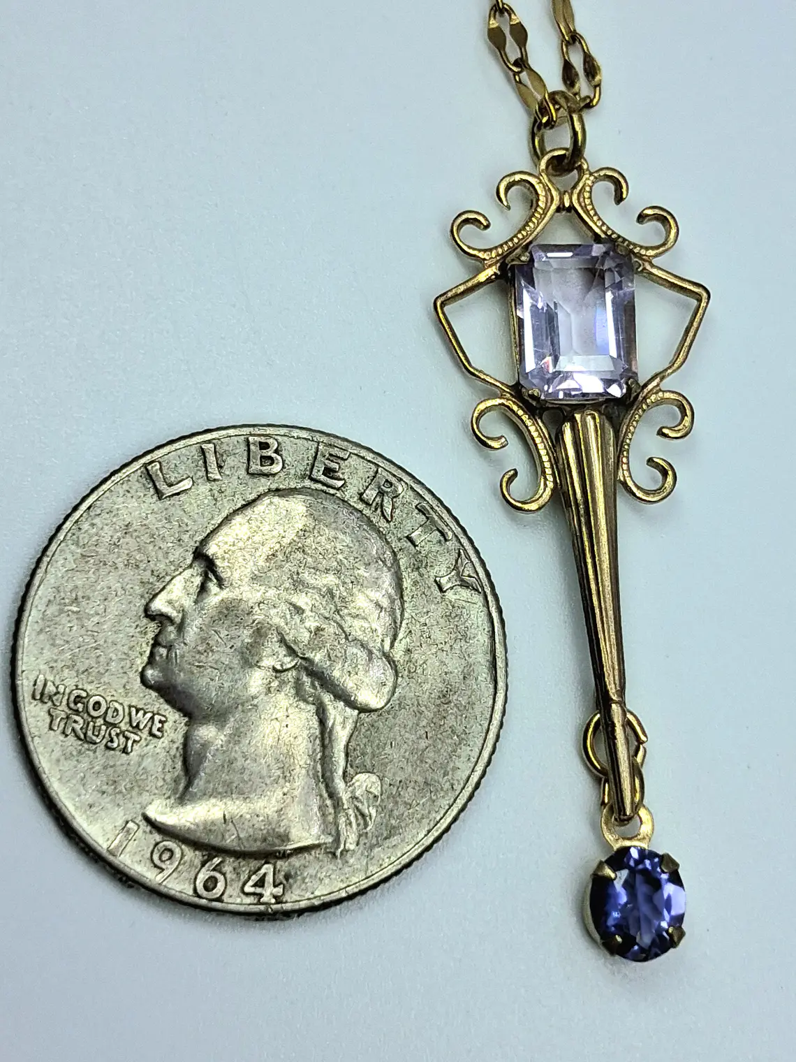 Art Deco style, Lavender Amethyst and blue Iolite, gold-plated pendant  #Bp015 4