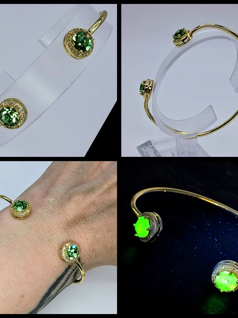 Contemporary, Gold-plated Apple green Uranium glass and Cubic zirconia bracelet #Bb016 1