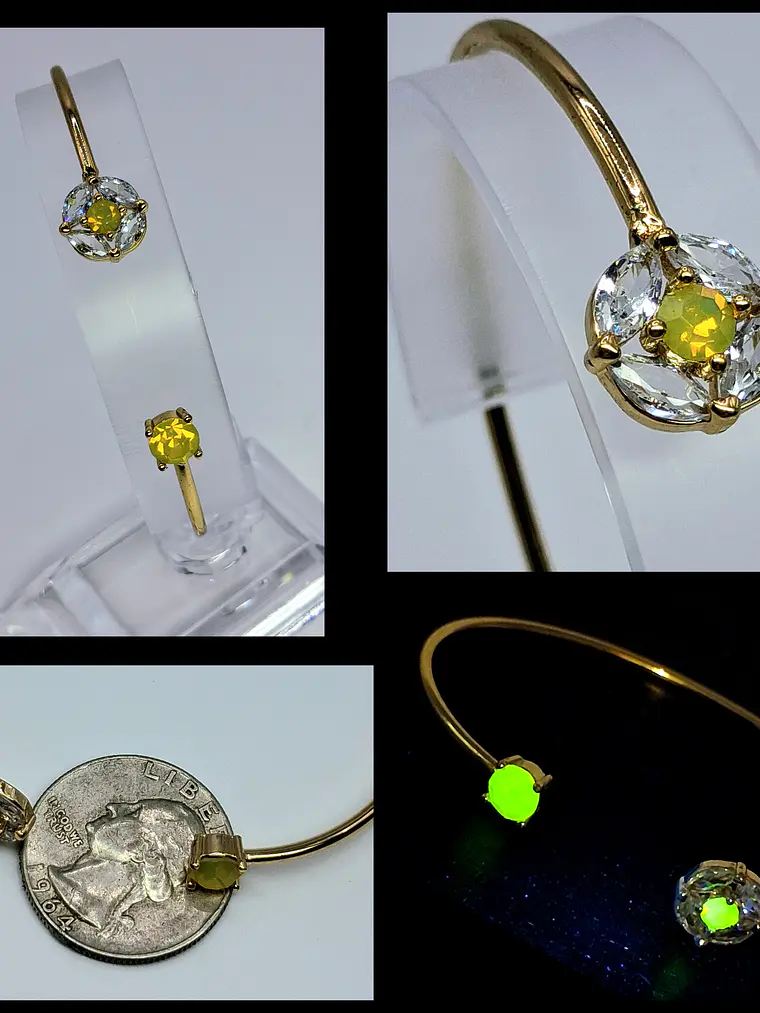 Contemporary, Gold-plated Sun-yellow opal Uranium glass and Cubic zirconia bracelet  #Bb018 1