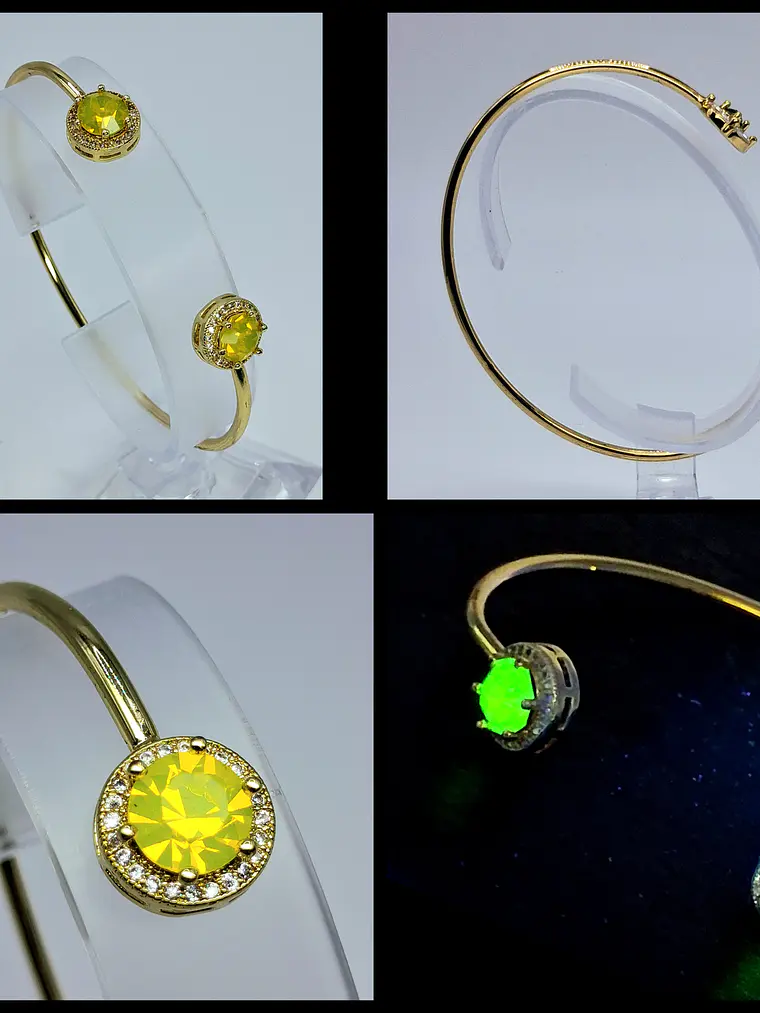 Contemporary, Gold-plated Sun-yellow opal Uranium glass and Cubic zirconia bracelet   #Bb019 1
