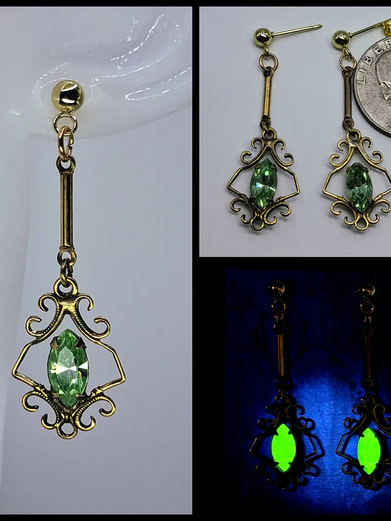 Victorian inspired, 14k gold-plated Peridot green ☢ UG earrings #be024 1