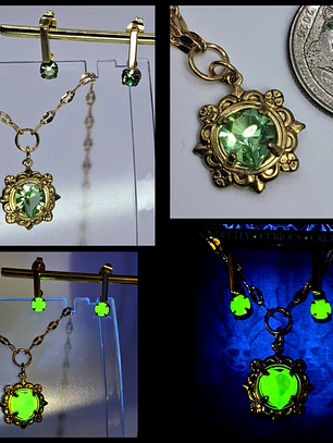 Gold plated Heart cut Uranium glass Pendant/Earrings Set  #Bs026