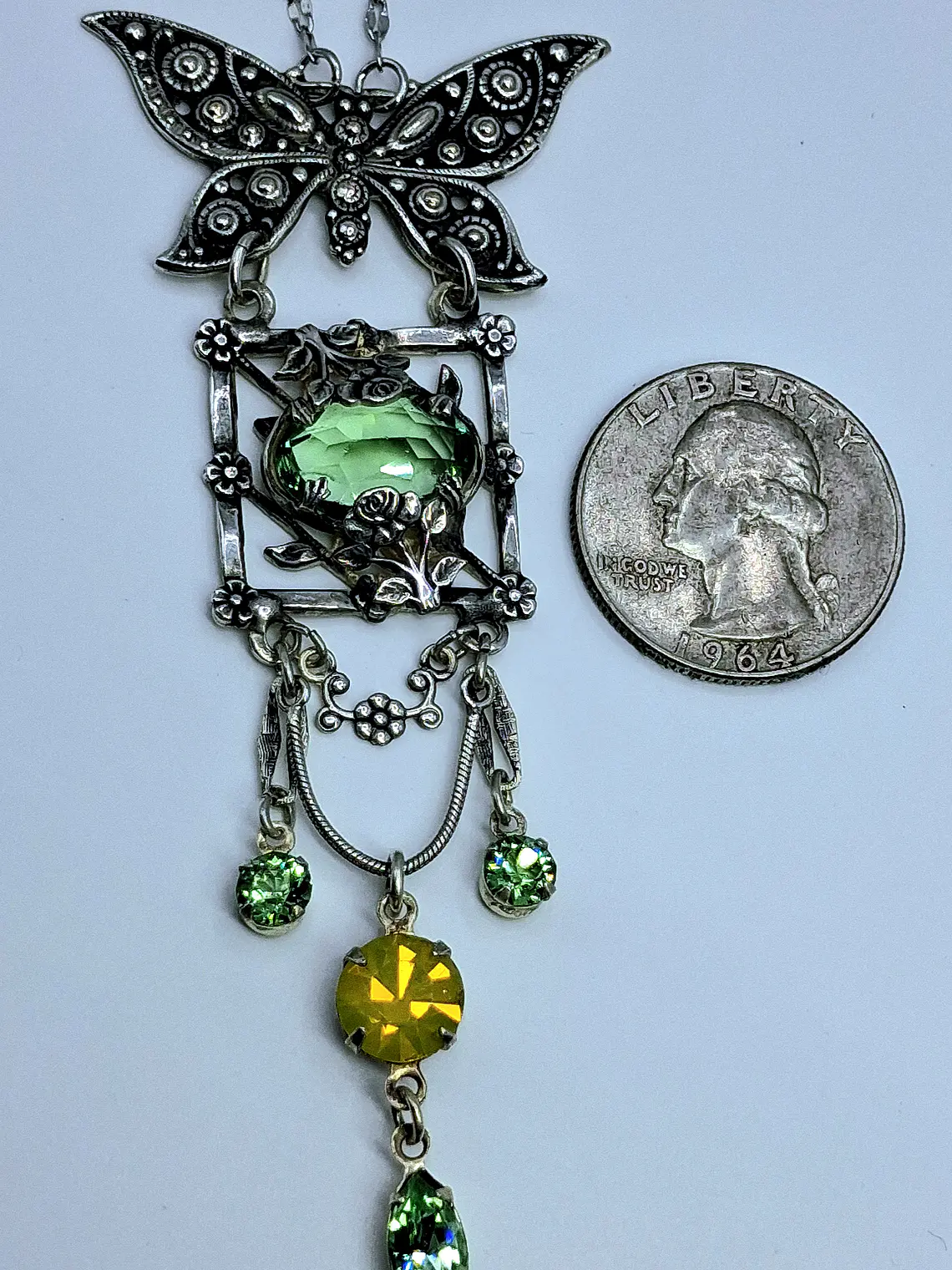 Whimsical Butterfly necklace, loaded with Uranium glass, Silver Plated #Bn031 4